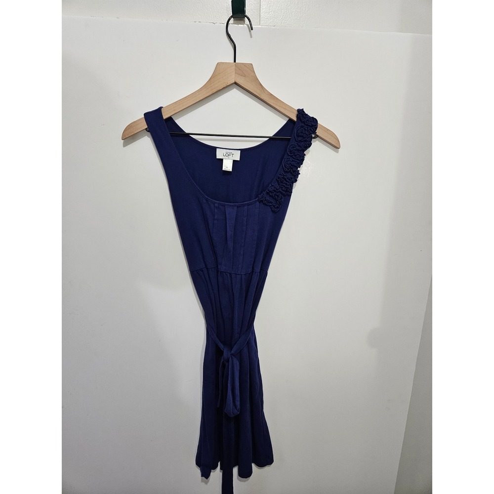Ann Taylor LOFT Navy Blue Ruffle Shoulder Sleeveless Knit Belted Dress XS